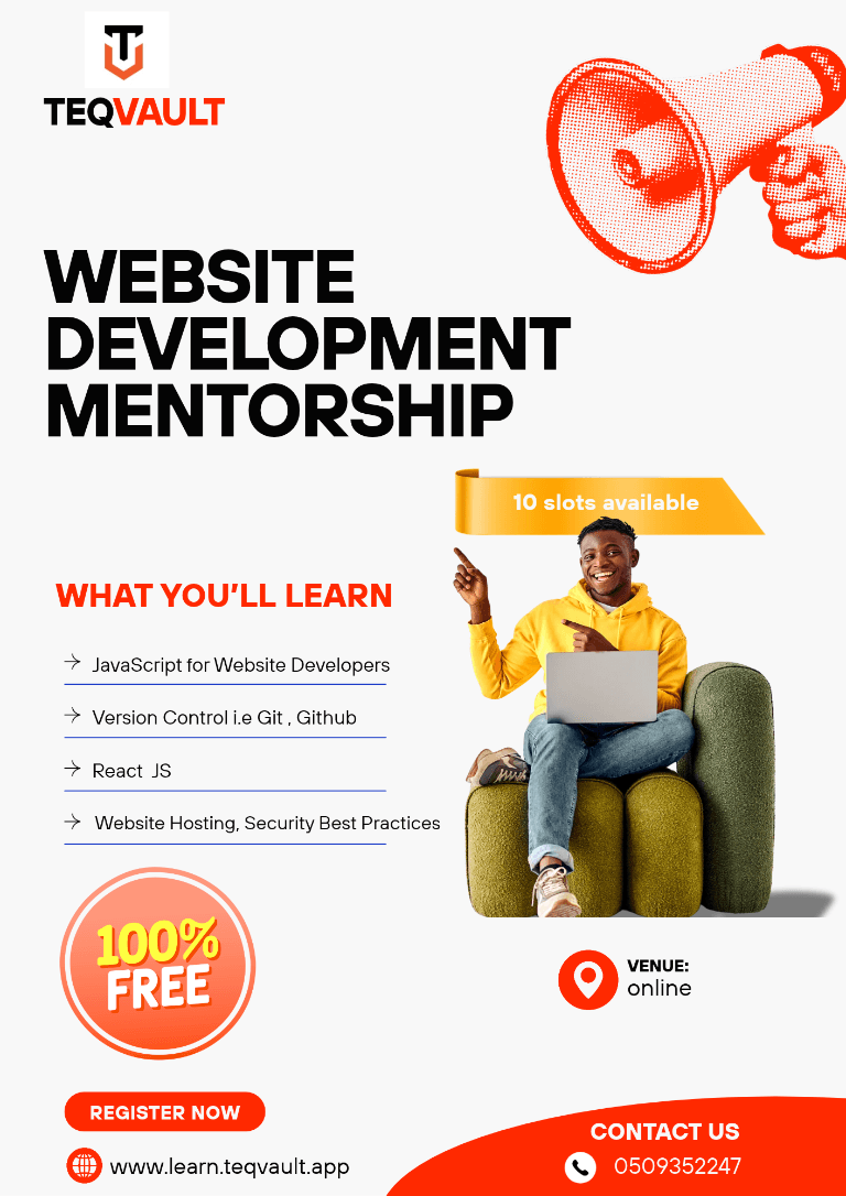 TEQVAULT website development mentorship flyer